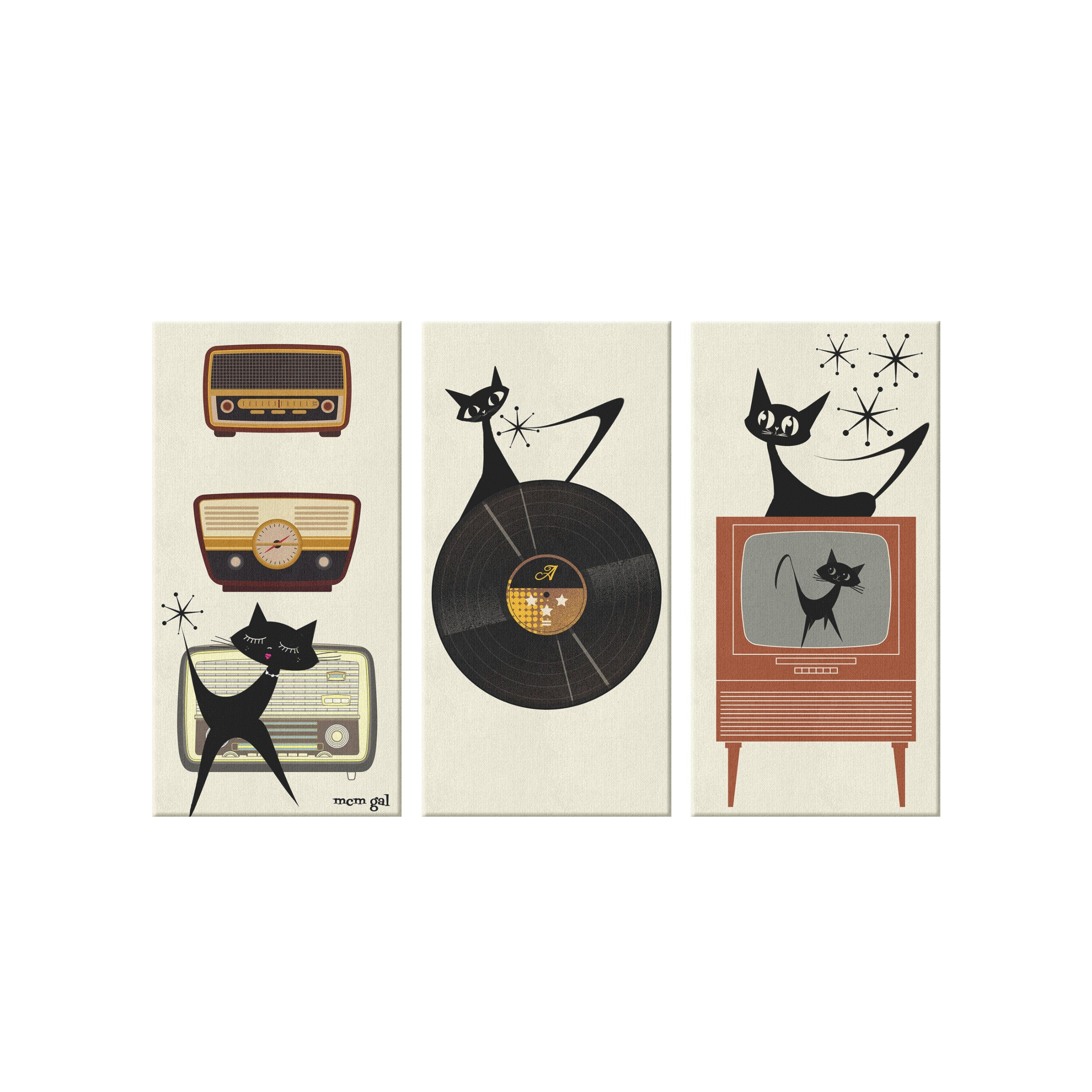 Mid Century Modern Atomic Cat, Geometric Print, Beige, Yellow, Orange, Retro Mod Zipper Wallet