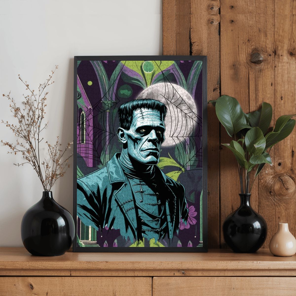 Retro Gothic Frankenstein Mid Mod Spooky Horror Wooden Jigsaw Puzzle - Mid Century Modern Gal