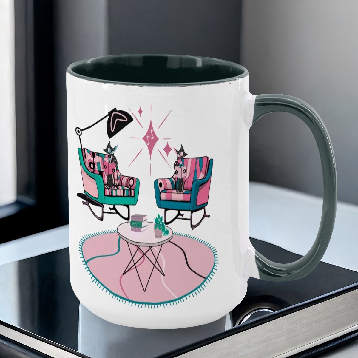 Atomic Reading Cats, Kitschy Mid Century Modern Large Colorful Mug (15oz) - Mid Century Modern Gal