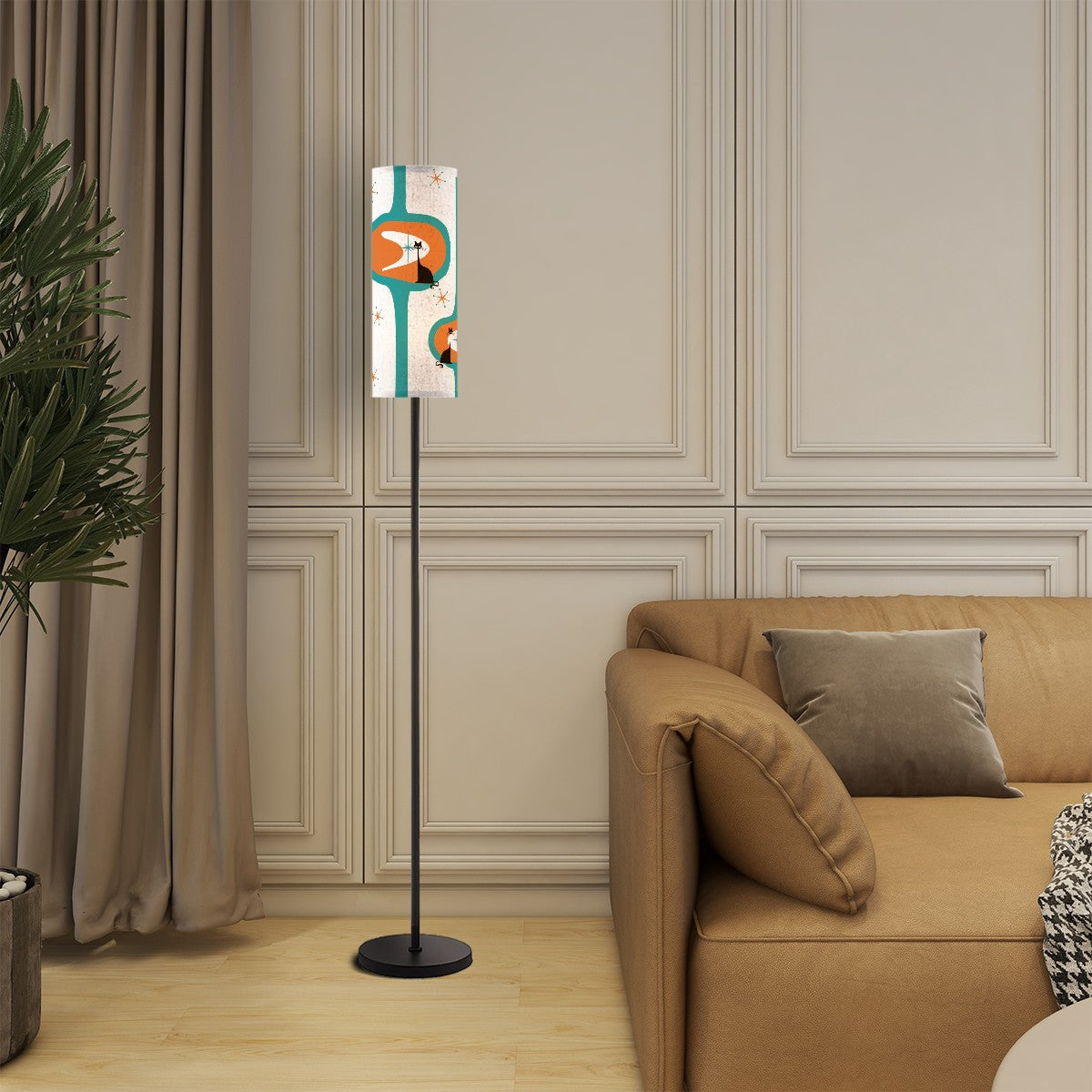 Mid Century Modernist, Minimalist Atomic Cat Orange Teal Shade, Slim Floor Lamp - Mid Century Modern Gal