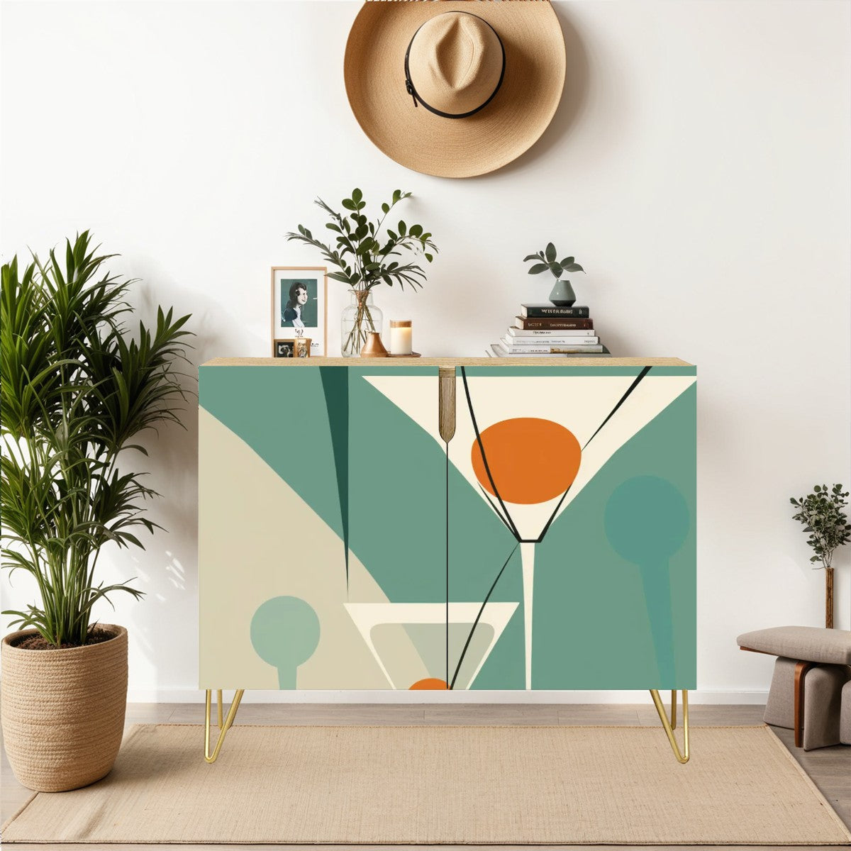 Mid Century Modern Bar Credenza Martini Green, Orange Mod Wooden Storage Cabinet - Mid Century Modern Gal