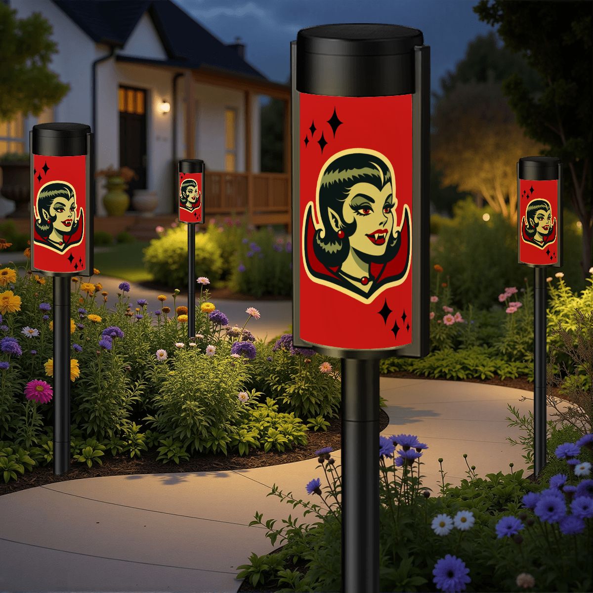 Vampire Dracula Girl Halloween Goth Horror Buff MCM Outdoor Solar Lights - Mid Century Modern Gal