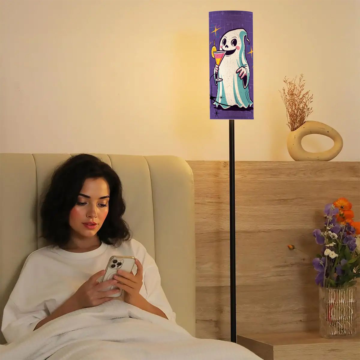 Retro Kitsch Ghost And Cocktail Hour, Mid Century Modern, Purple Aqua Starbursts, Floor Lamp - Mid Century Modern Gal