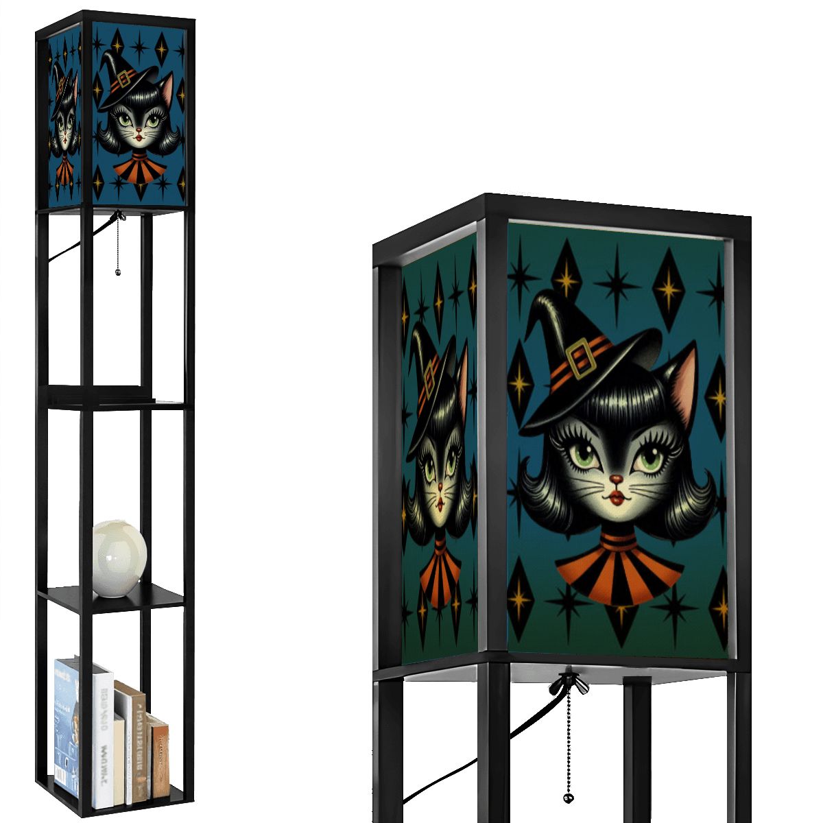 Vintage Halloween Black Cat Sexy Sexton Mid Century Modern Blue Lampshade for Floor Lamp with Shelves - Lampshade Only - Mid Century Modern Gal