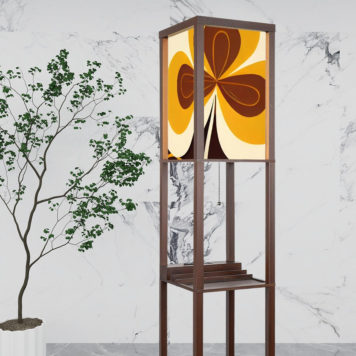 60s Groovy Mod Brown, Yellow, Hip Mid Century Modern Floor Lamp with Shelves - Mid Century Modern Gal