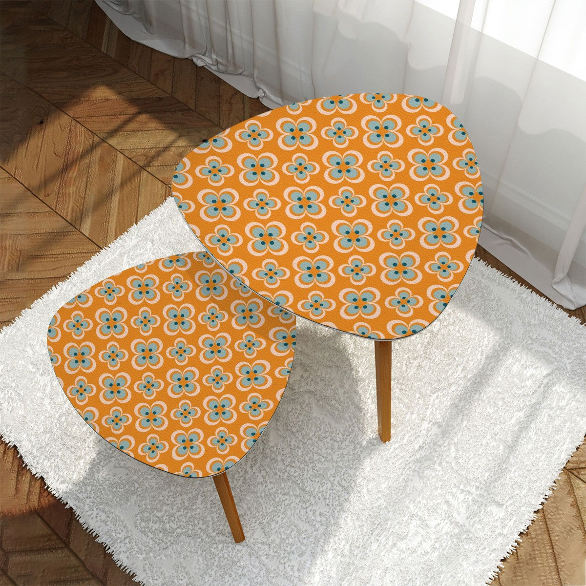 Modern Scandinavian Orange Blue Floral Mid Century Modern Nesting Tables - Mid Century Modern Gal