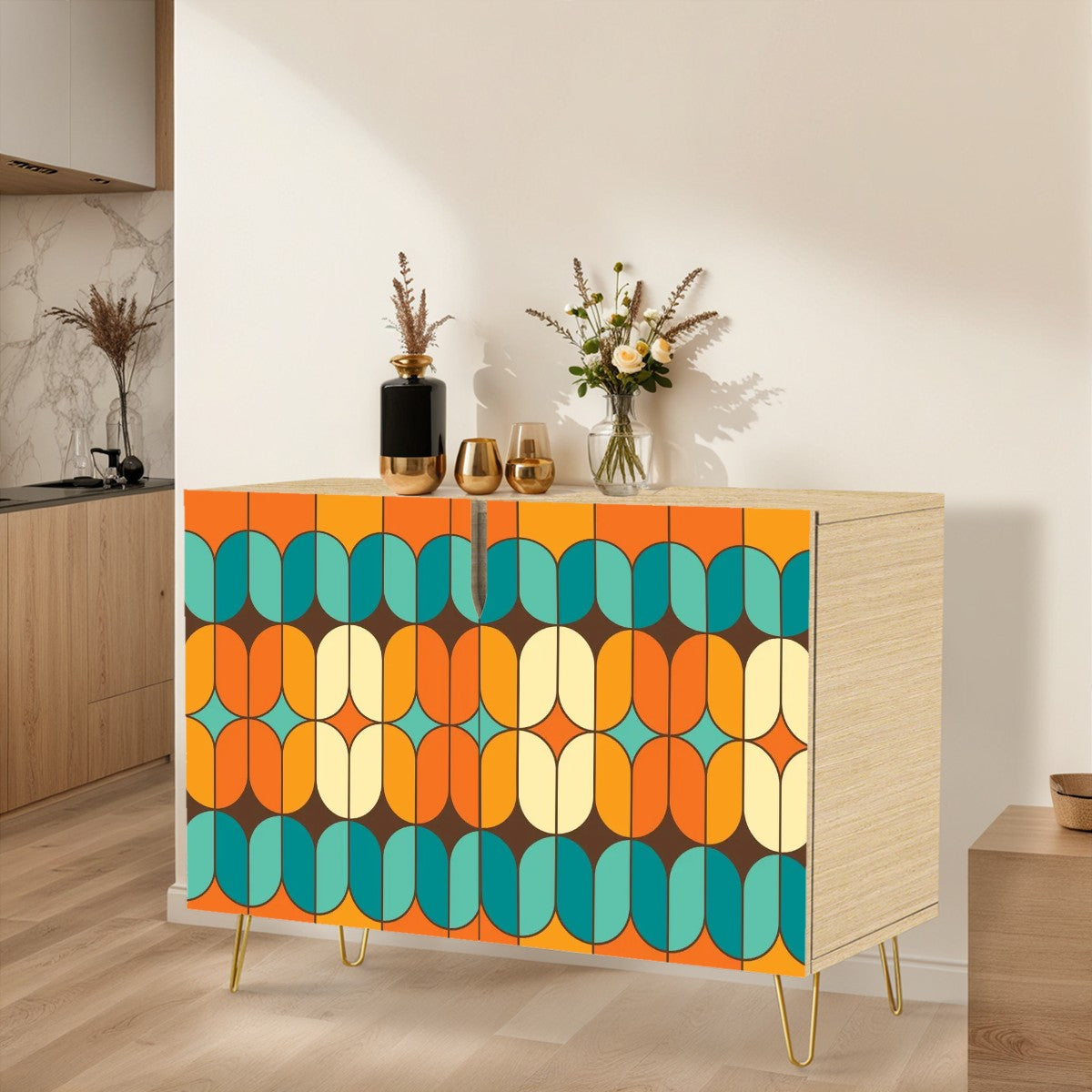 Mid Century Modern Wooden Storage Cabinet, Orage, Teal Geometric Designed Side Board - Mid Century Modern Gal