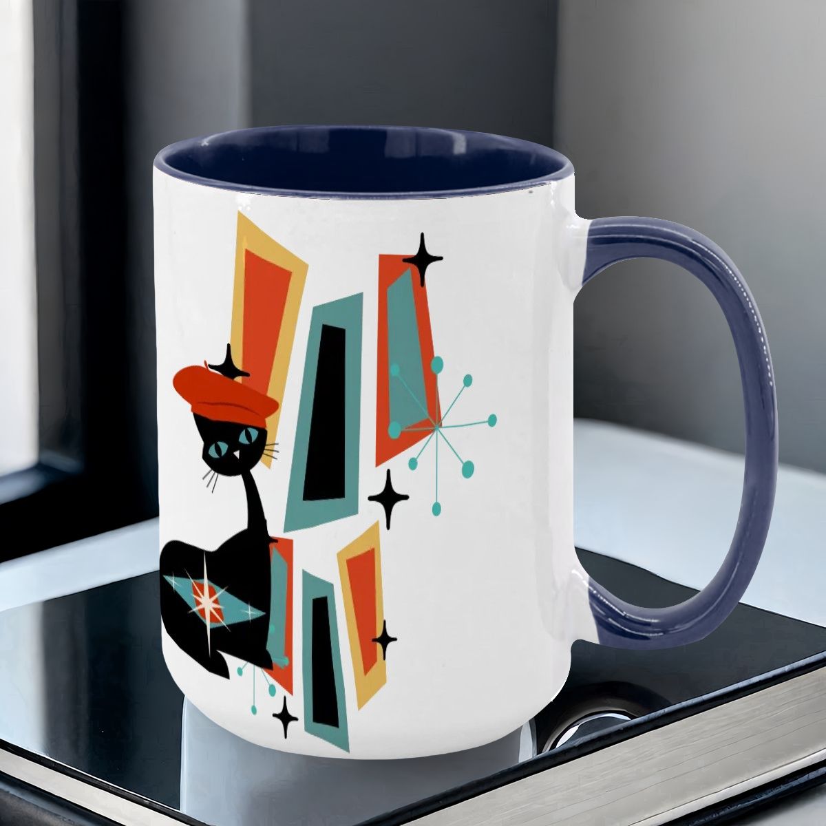 Atomic Cat Mid Century Modern Coffee Mug With Geometric Design - Mid Century Modern Gal