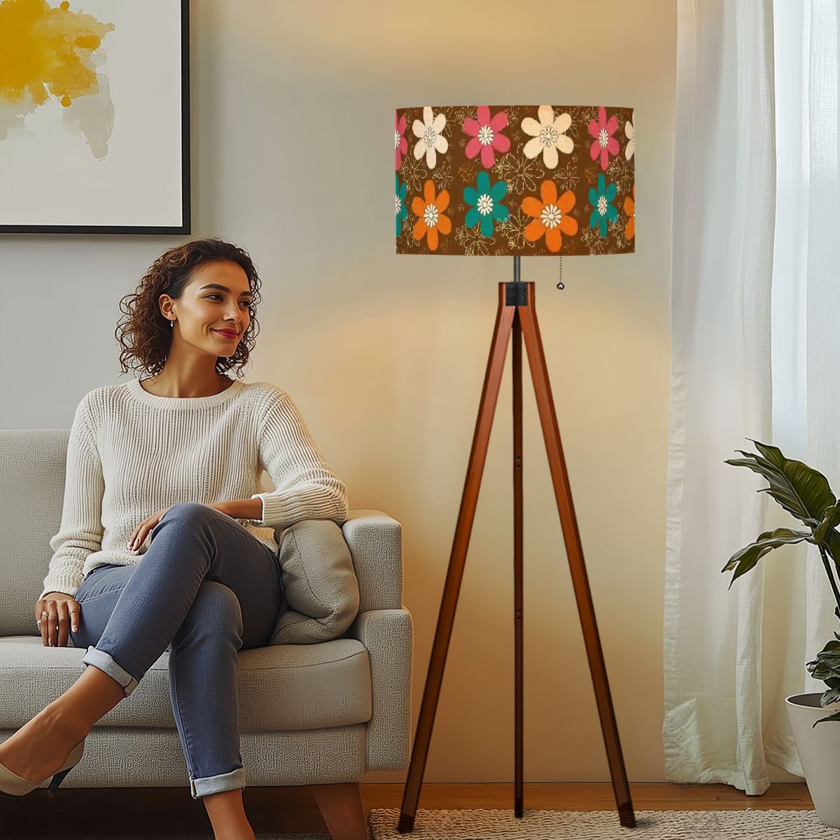 70s Groovy Retro Flower Mod Daisy Brown, Orange Pink Teal Mid Mod Tripod Floor Lamp (Made in USA) - Mid Century Modern Gal