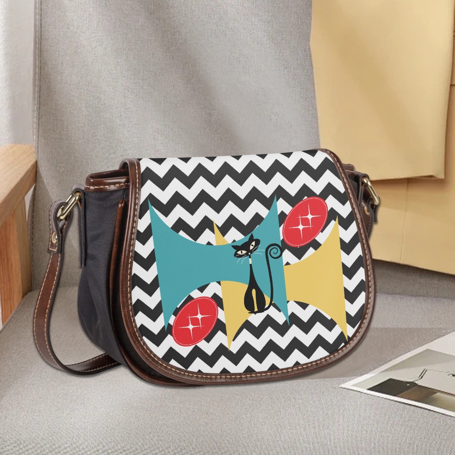 Atomic Cat Chevron Black And White Kitschy Hobo Crossbody Bag - Mid Century Modern Gal