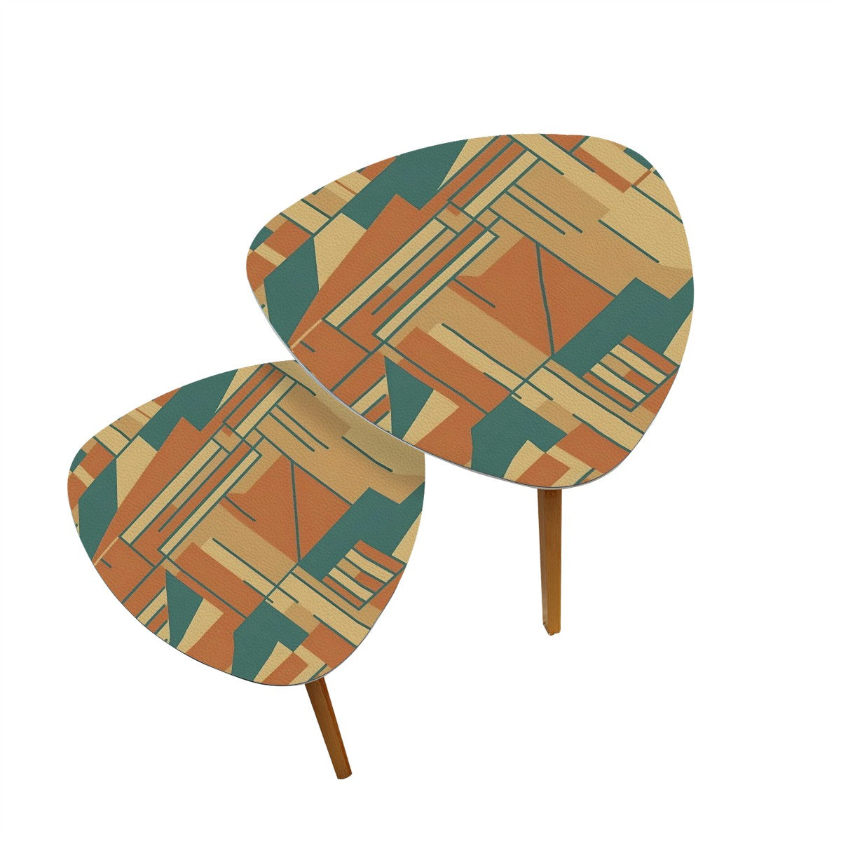 Mid Century Modern Geometric Bauhaus Designed Brown Teal Mod Cocktail Side Tables - Mid Century Modern Gal