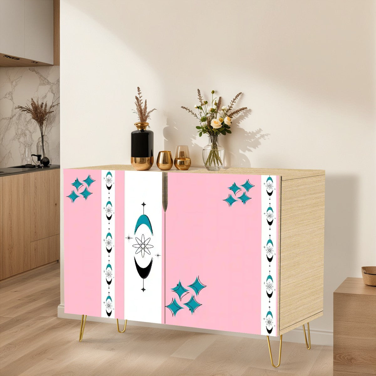 Atomic Starbursts, Pink Aqua Mid Century Modern Credenza Sideboard Storage Cabinet - Mid Century Modern Gal
