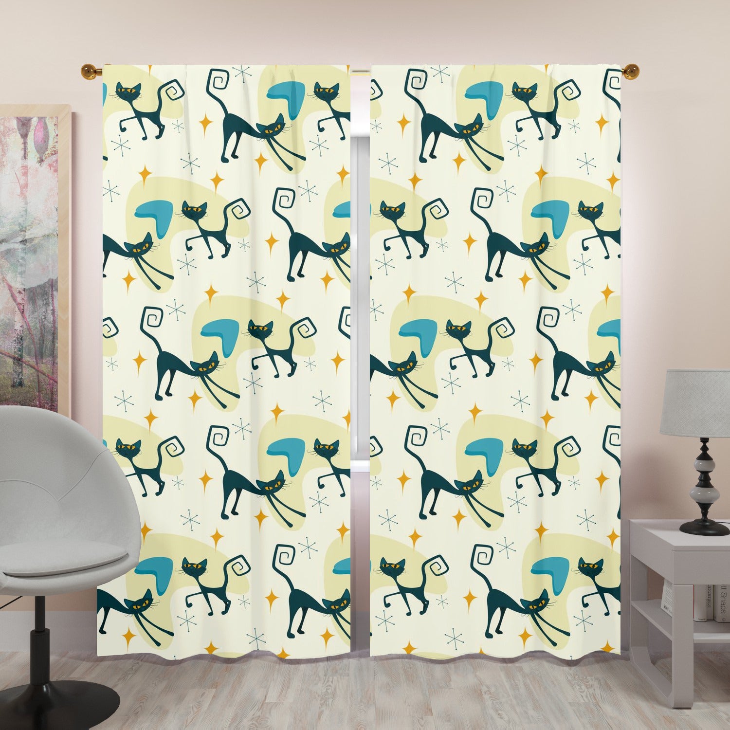 Atomic Cat Mid Century Modern Window Curtains (two panels) - Mid Century Modern Gal