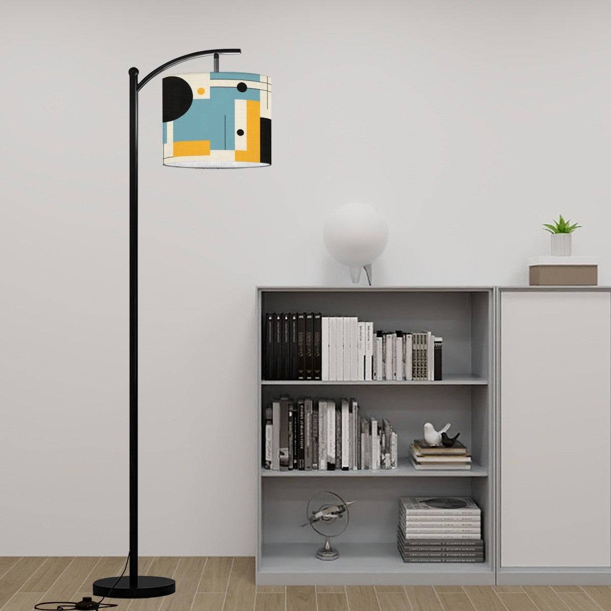 Mid Century Modern Arc Floor Lamp, Bauhaus Designed Shade WIth Geometric Blue, Yellow Black - Mid Century Modern Gal