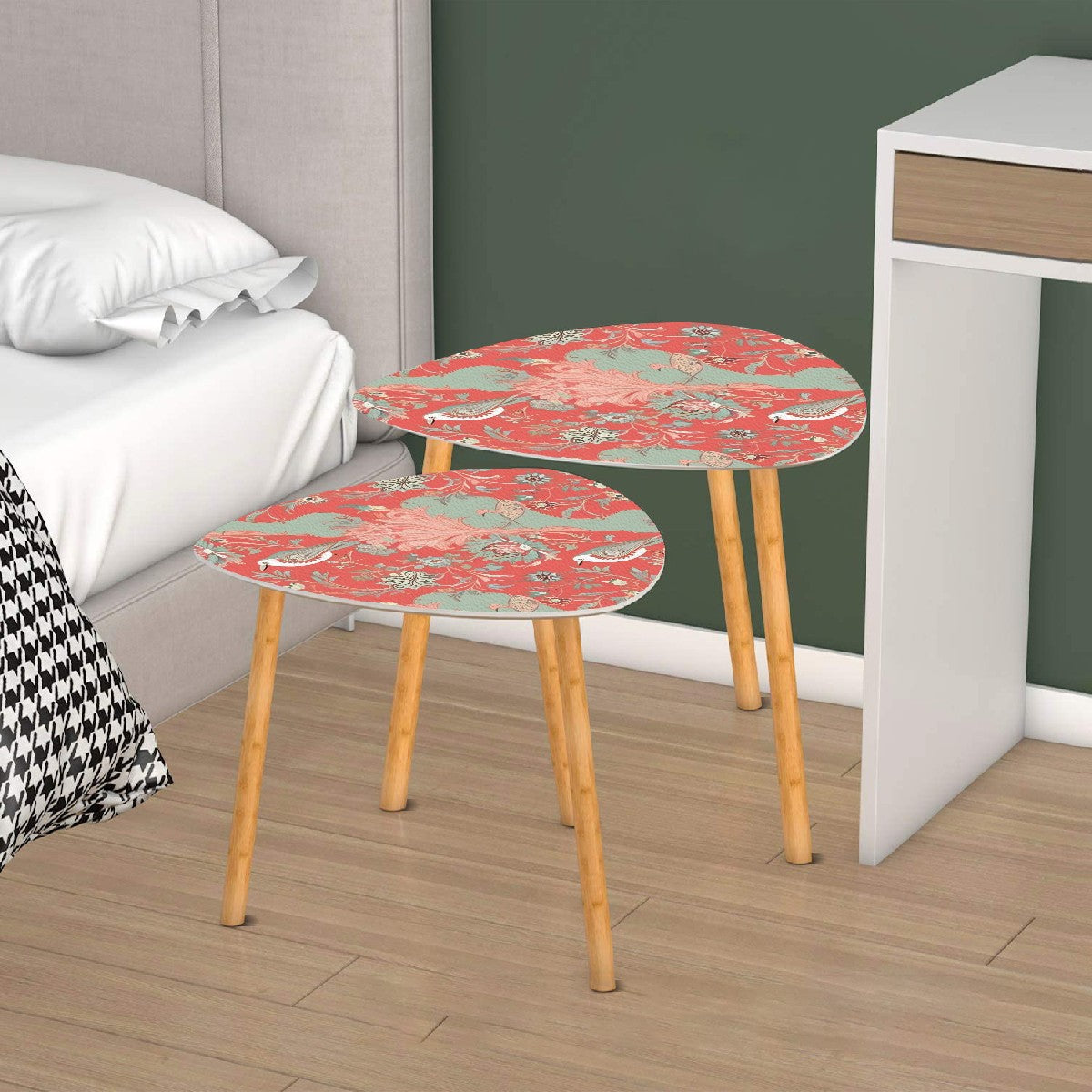Chinoiserie Modern Nesting Tables, Floral Design In Coral And Mint Green - Mid Century Modern Gal