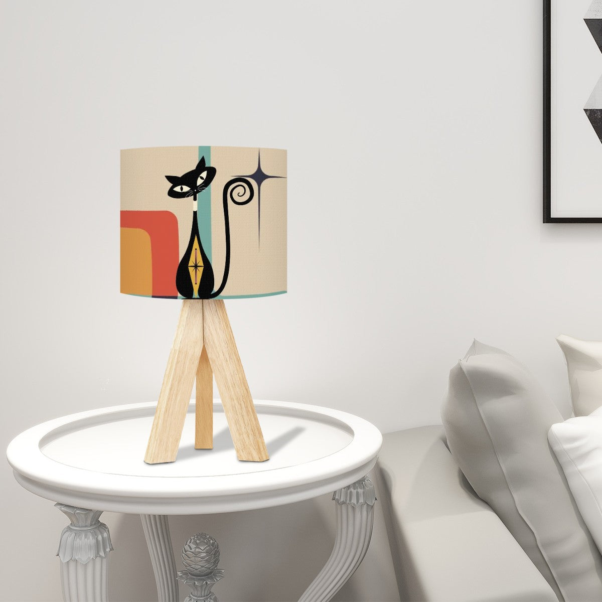 Atomic Cat, Wooden Tripod Table Lamp With Kitschy Geometric Design - Mid Century Modern Gal