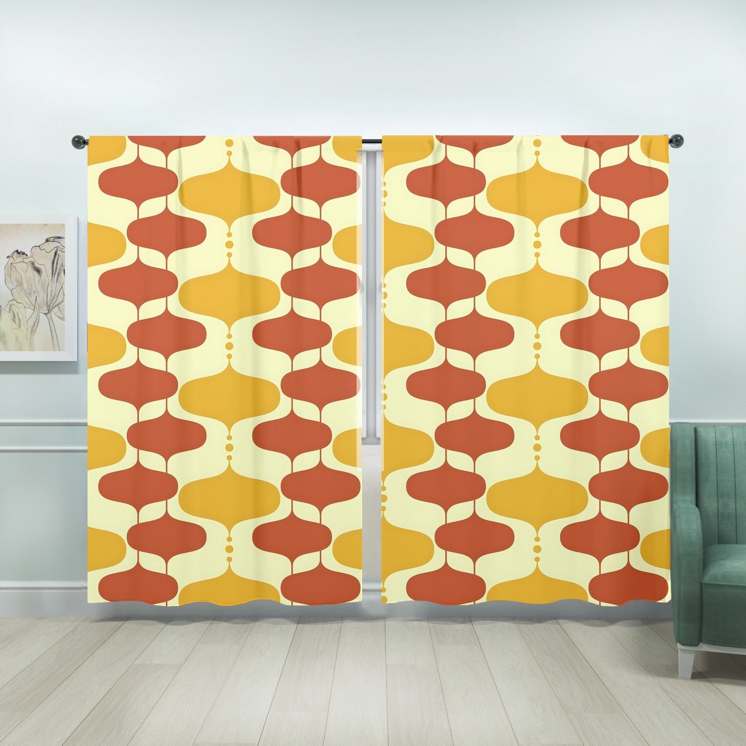 Mid Century Modern Mustard Yellow, Burnt Orange, Googie Designed Window Curtains (two panels) - Mid Century Modern Gal