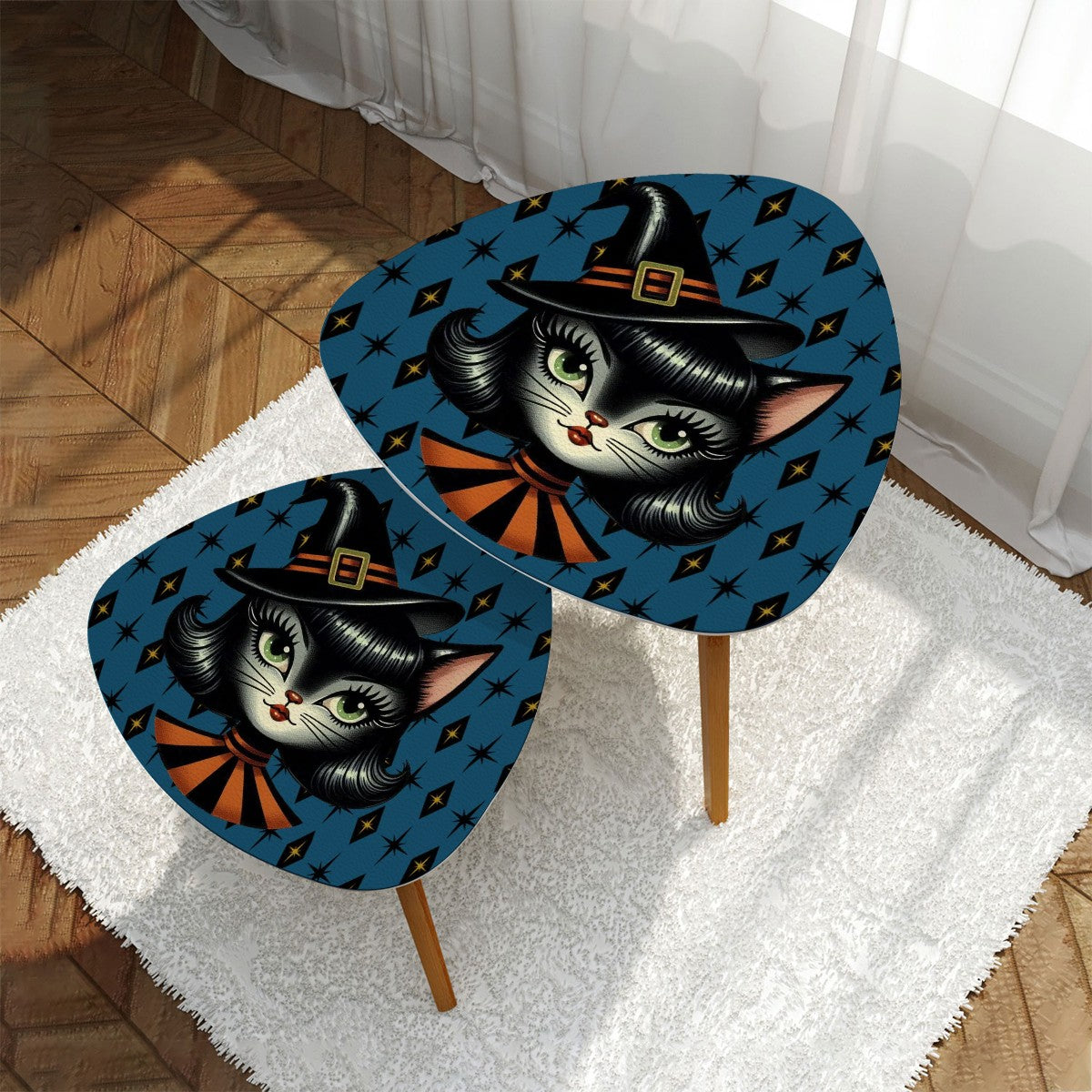 Vintage Halloween Black Cat Sexy Sexton Mid Century Modern Blue Nesting Tables - Mid Century Modern Gal