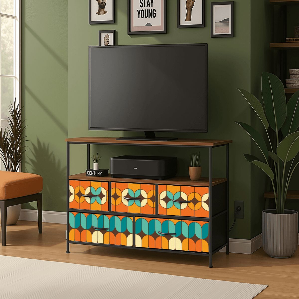 Mid Century Modern Orange Teal TV Stand Media Console - Mid Century Modern Gal