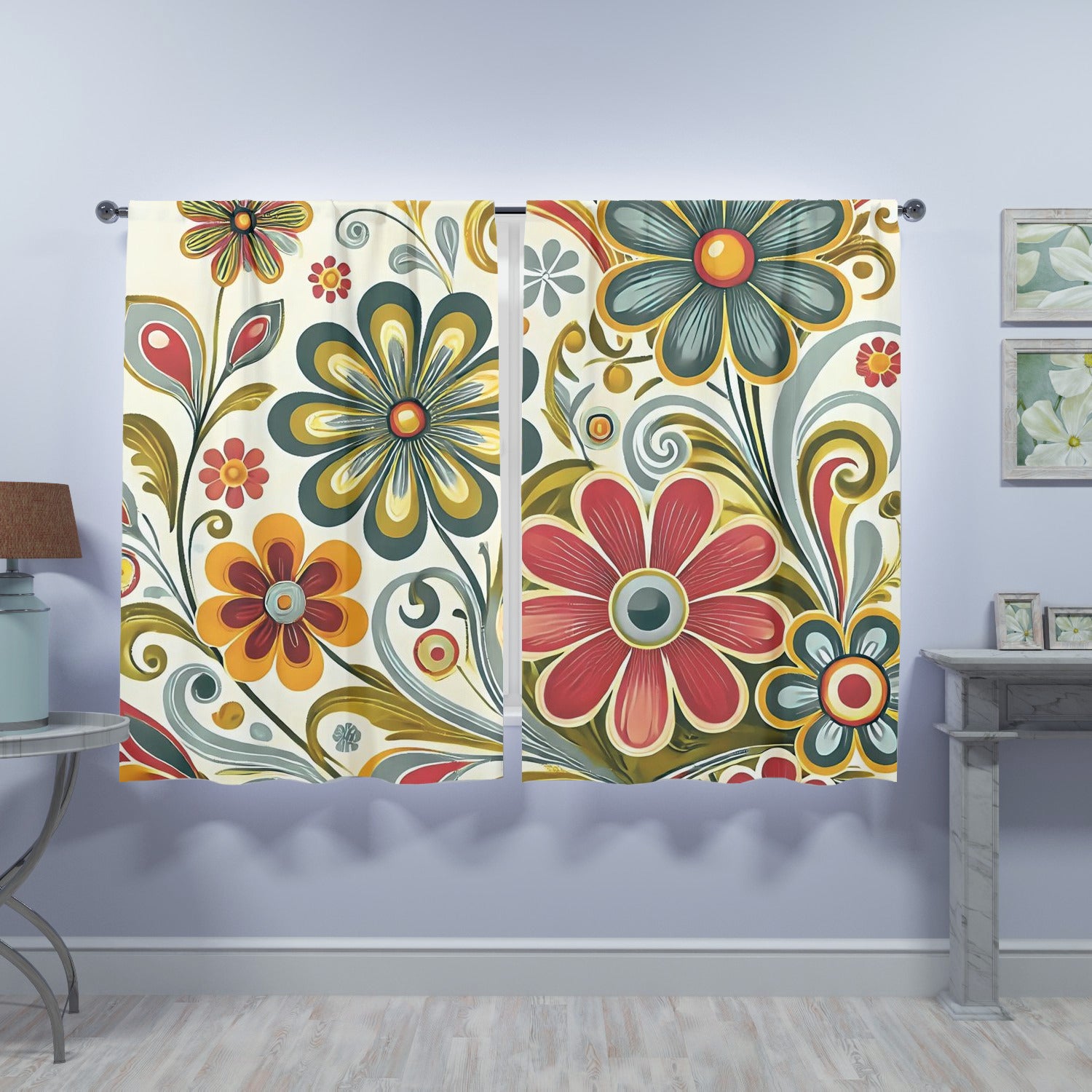 Retro Floral Mid Mod Colorful Funky Fun Window Curtains (two panels) - Mid Century Modern Gal