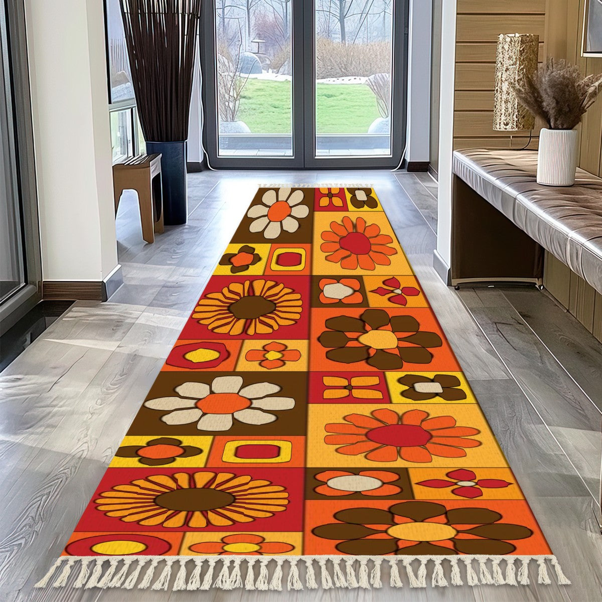 70s Boho Retro Groovy Flower Rug Runner with Tassels - Mid Century Modern Gal