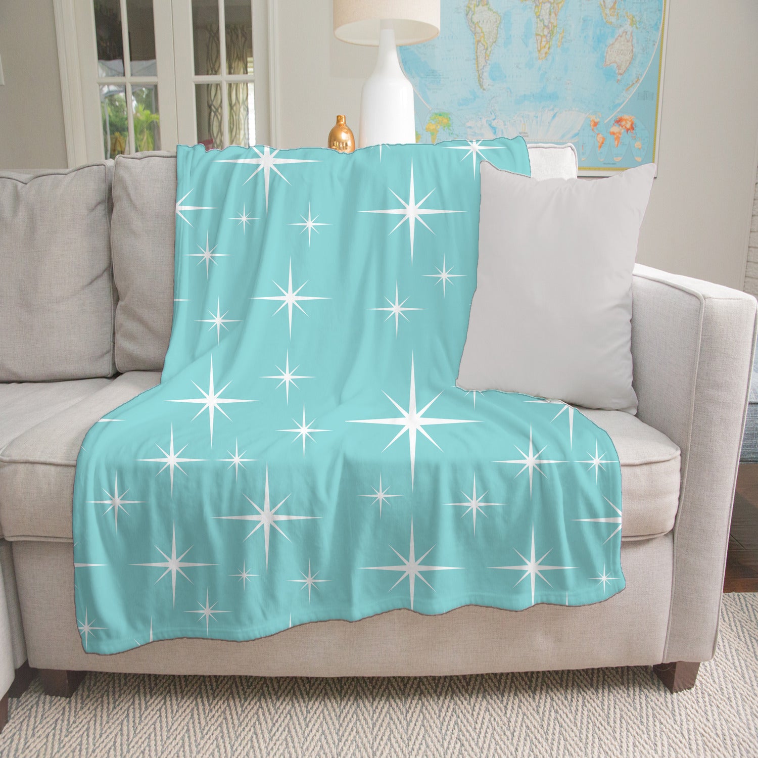 Atomic 50s Aqua Blue Starburst, Mid Century Modern Minky Blanket - Mid Century Modern Gal