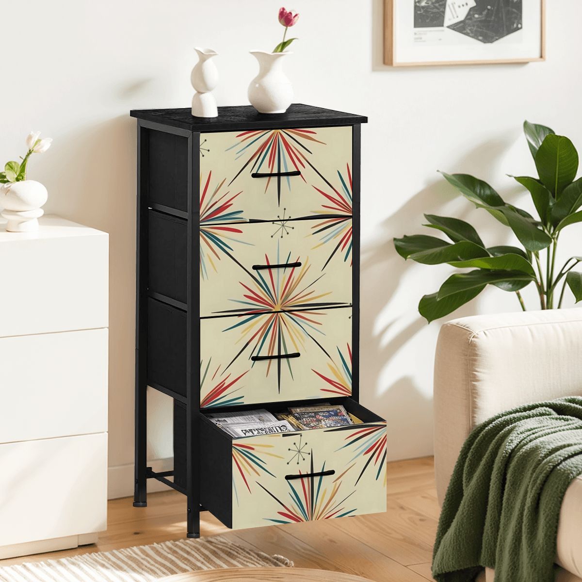 Mid Century Modern Atomic 50s Starbursts 4-Drawer Dresser - Mid Century Modern Gal