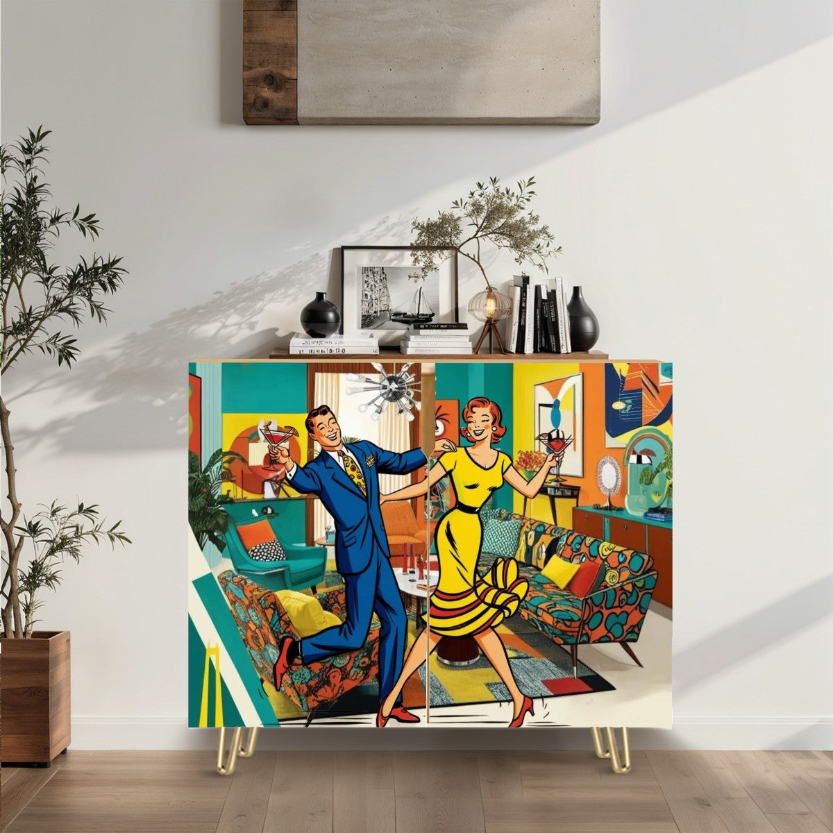 Mid Century Modern Bar Cabinet, Kitschy Quirky Mod Couple Cocktail Hour Wooden Storage Cabinet - Mid Century Modern Gal