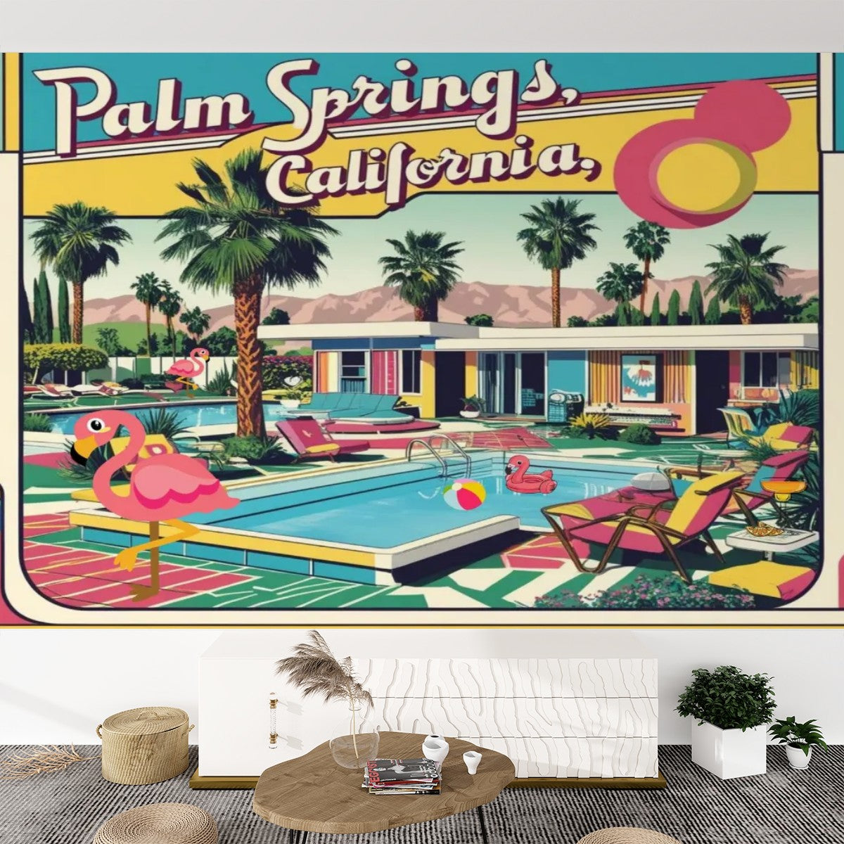 Palm Springs California Flamingo Kitschy Mid Mod Peel And Stick Canvas Self Adhesive Wallpaper - Mid Century Modern Gal