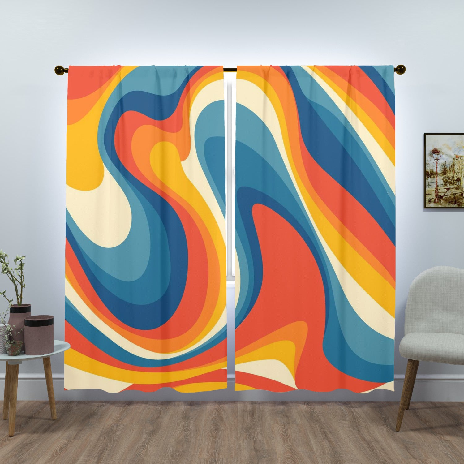 70s Retro Groovy Wave Mid Mod Yellow, Orange, Blue, Cream MCM Window Curtains (two panels) - Mid Century Modern Gal
