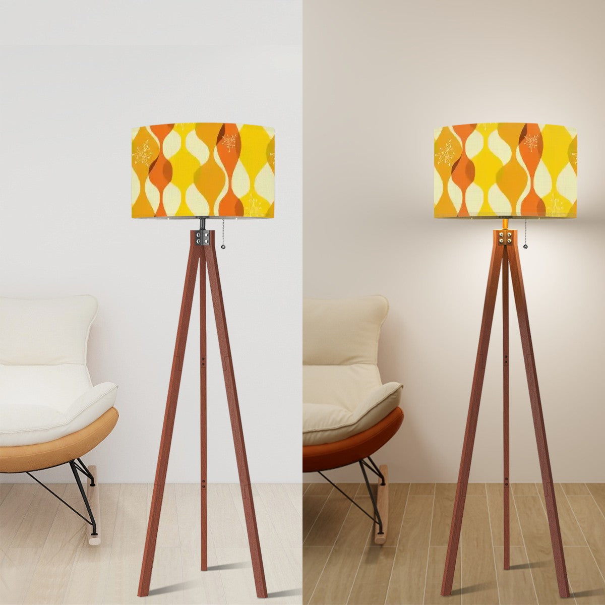 Mid Century Modern Orange, Yellow Starburst Retro Tripod Floor Lamp - Mid Century Modern Gal
