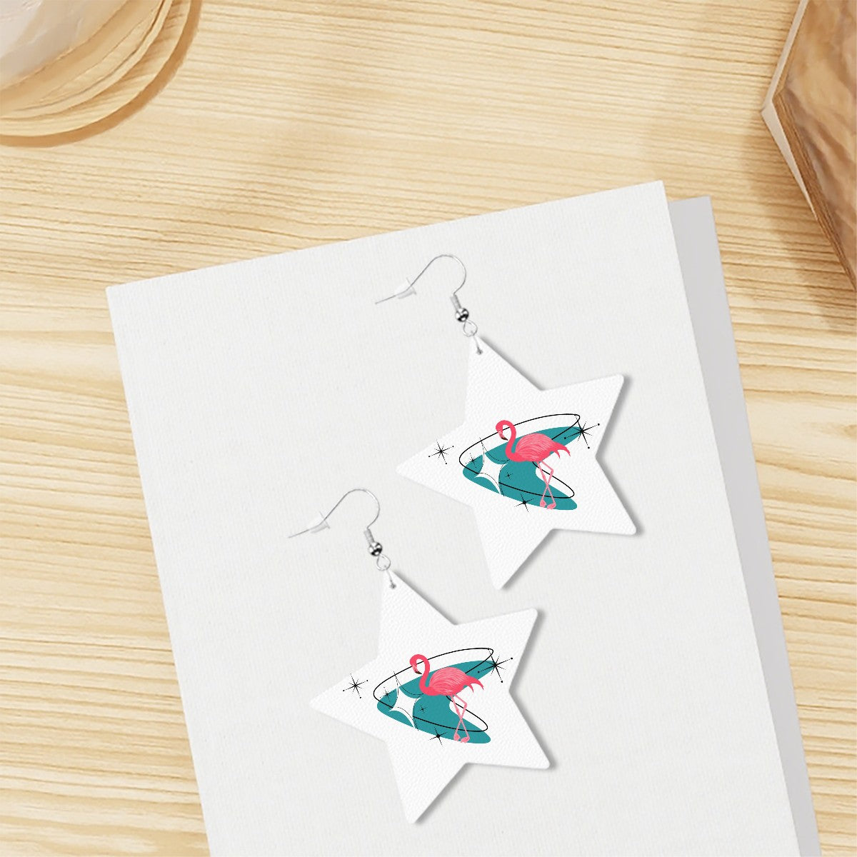 Kitschy Mid Mod Flamingo White Vegan Leather Star Earrings - Mid Century Modern Gal