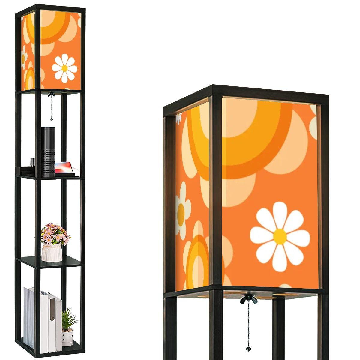 Flower Power Retro Mod Daisy Orange, Mid Century Modern Floor Lamp with Shelves - Mid Century Modern Gal