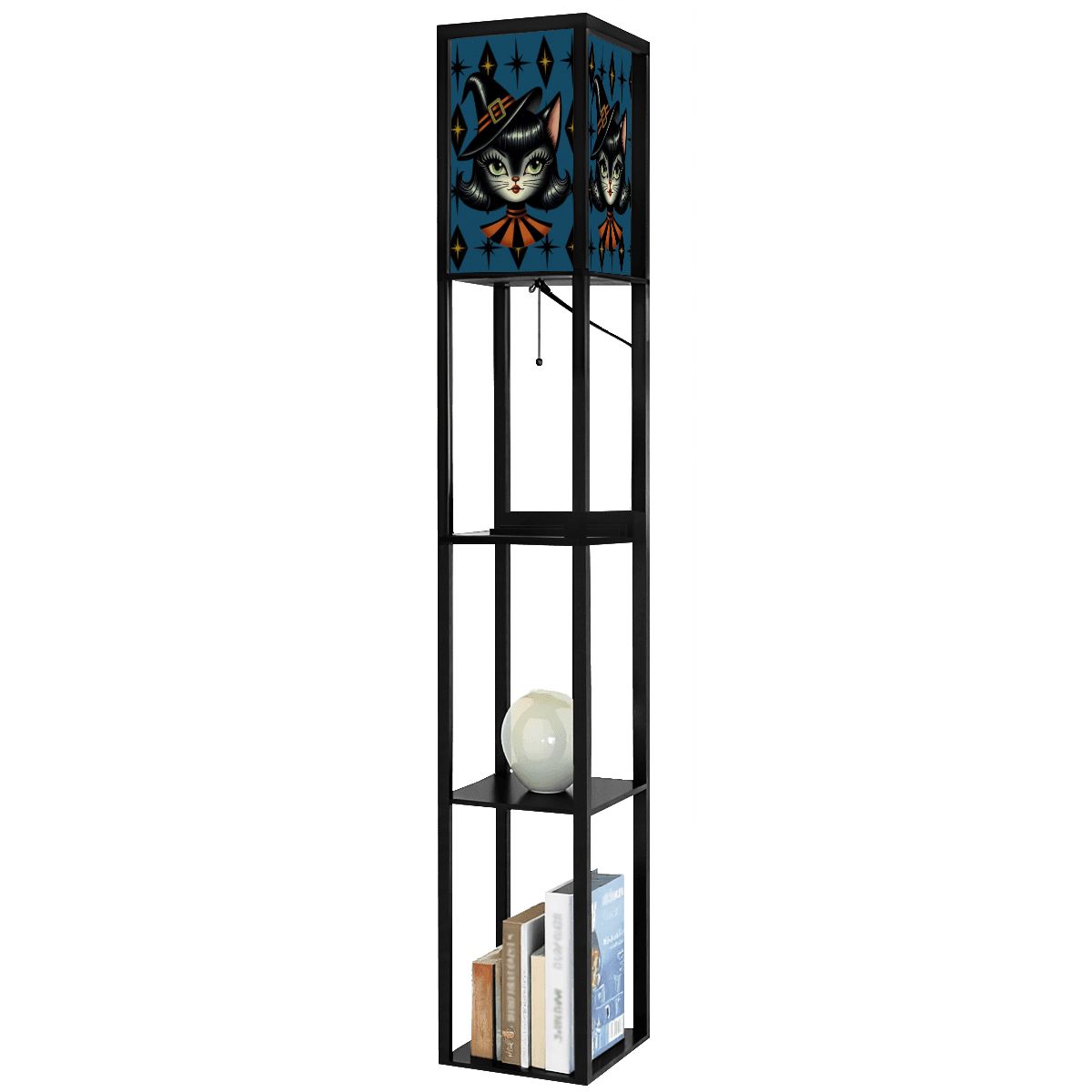 Vintage Halloween Black Cat Sexy Sexton Mid Century Modern Blue Lampshade for Floor Lamp with Shelves - Lampshade Only - Mid Century Modern Gal