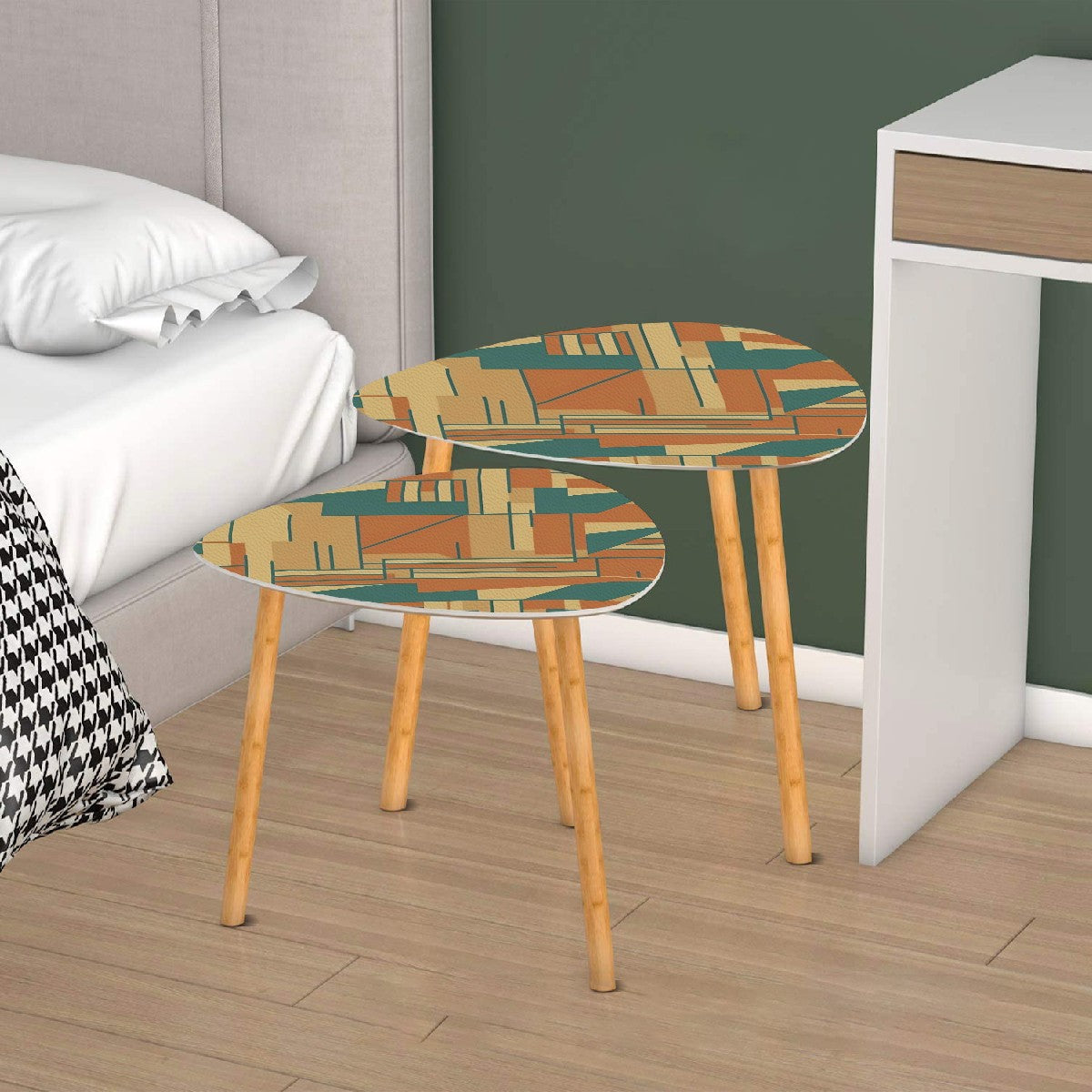 Mid Century Modern Geometric Bauhaus Designed Brown Teal Mod Cocktail Side Tables - Mid Century Modern Gal