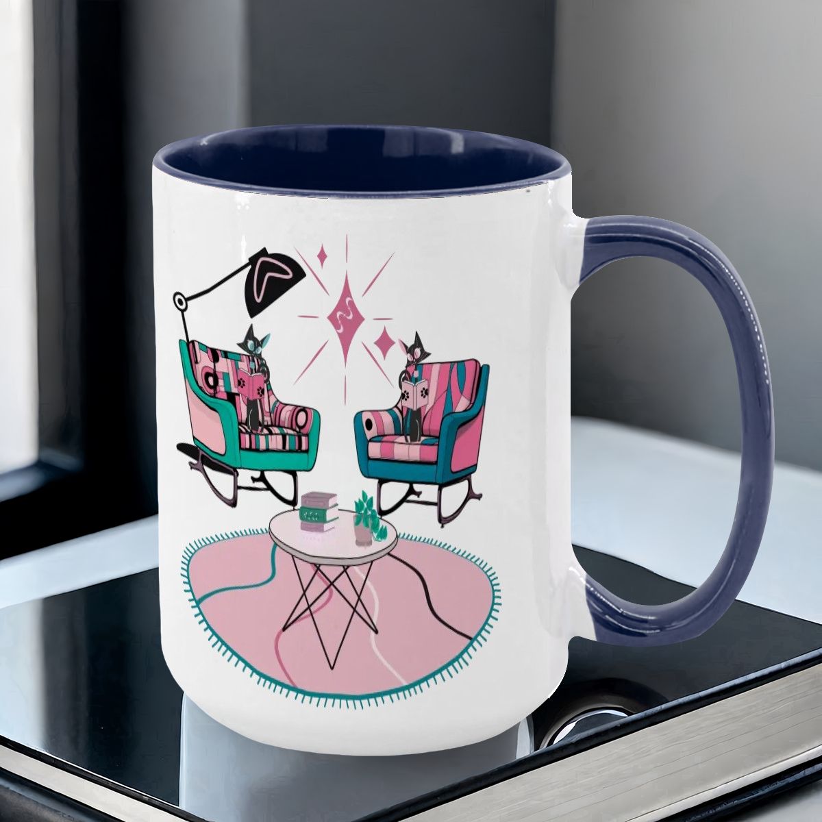 Atomic Reading Cats, Kitschy Mid Century Modern Large Colorful Mug (15oz) - Mid Century Modern Gal