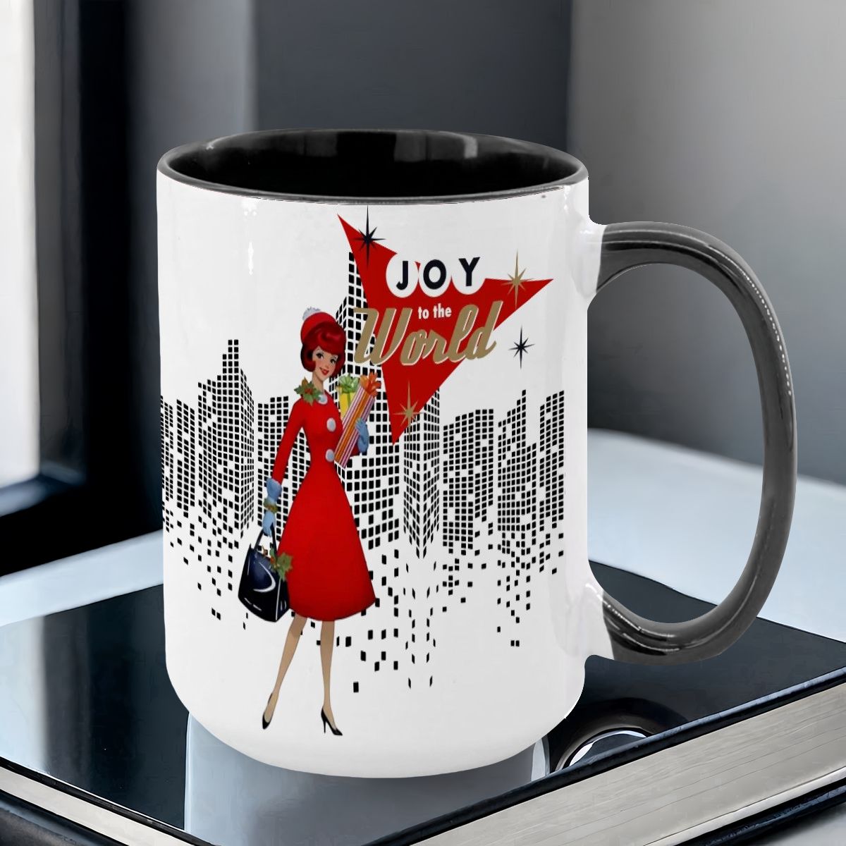 Mid Century Modern Christmas Joy To The World Mod Gal Cityscape Holiday Mug - Mid Century Modern Gal