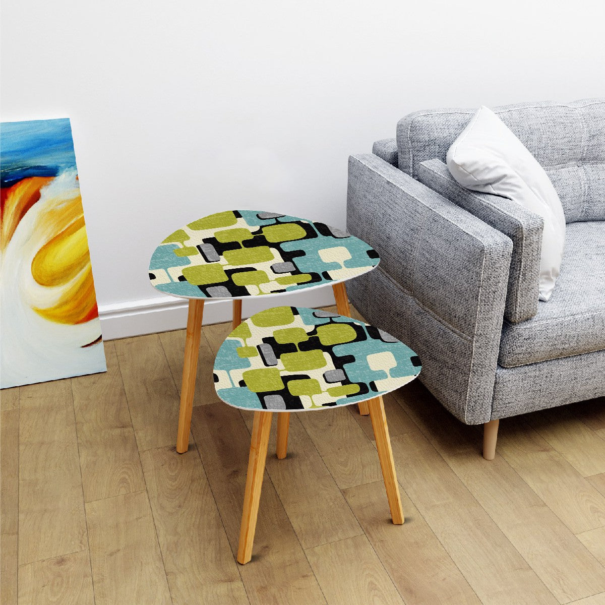 Mid Century Modern Geometric Designed Mod Nesting Tables With Bamboo Legs - Mid Century Modern Gal
