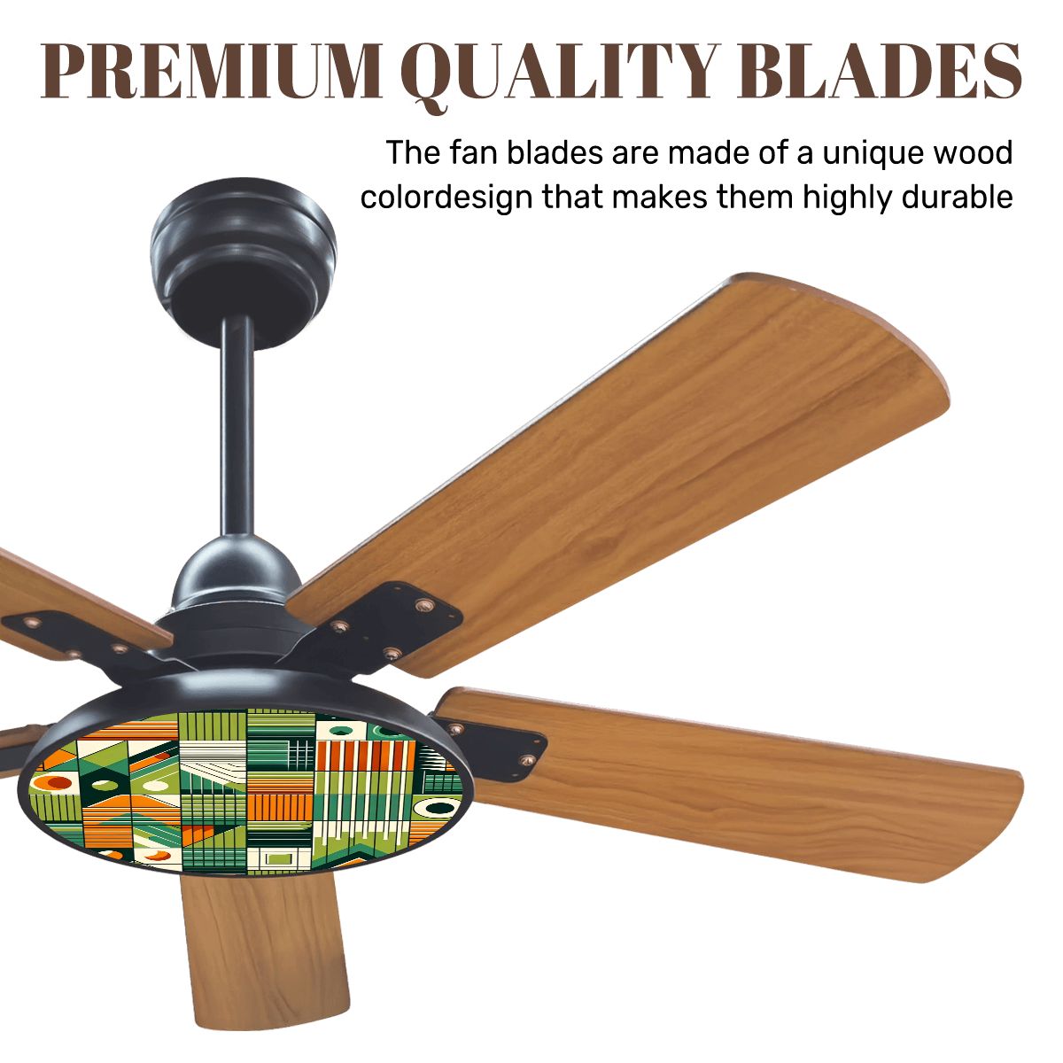 Mid Century Modern Bauhaus Geometric Designed Green, Orange Ceiling Fan With Light - Mid Century Modern Gal