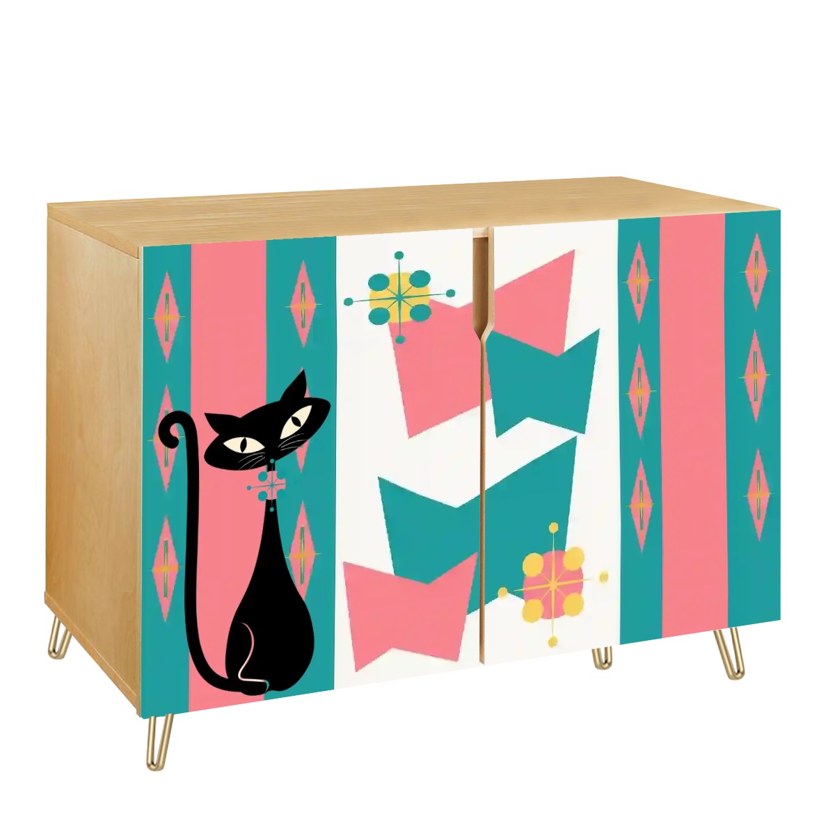 Mid Century Modern Atomic Cat, Pink Teal Mid Mod Kitschy Wooden Storage Cabinet - Mid Century Modern Gal