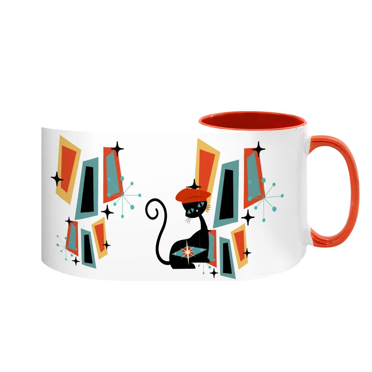 Mid Century Modern coffee mug featuring an atomic cat design with geometric shapes in vibrant colors.