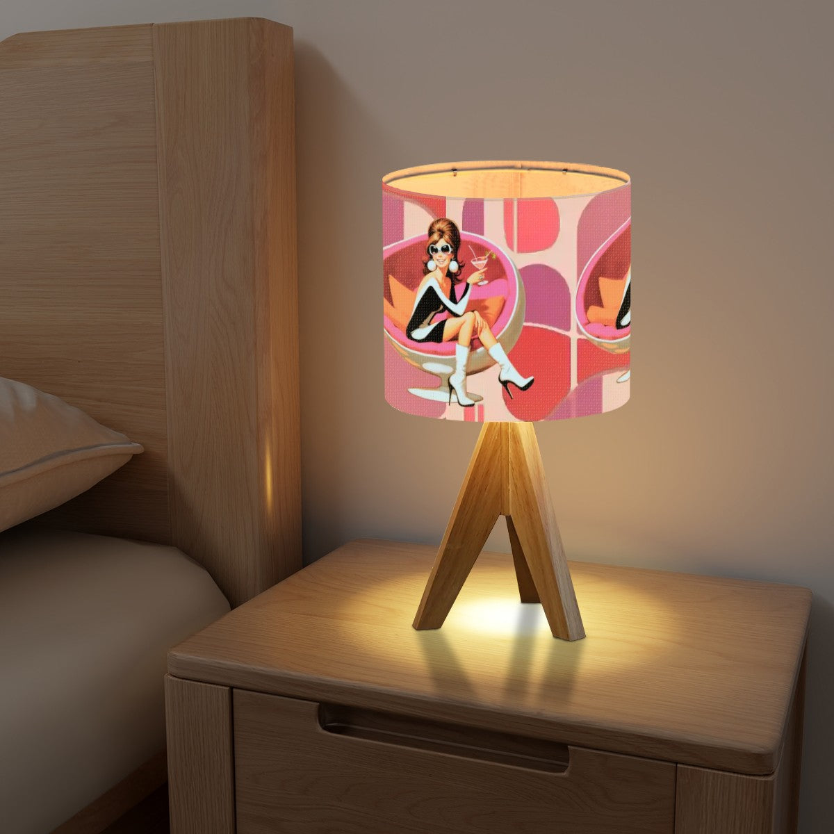 Mid Mod Retro 60s Gal, Hot Pink, Kitschy Mod Table Lamp With Bamboo Legs - Mid Century Modern Gal