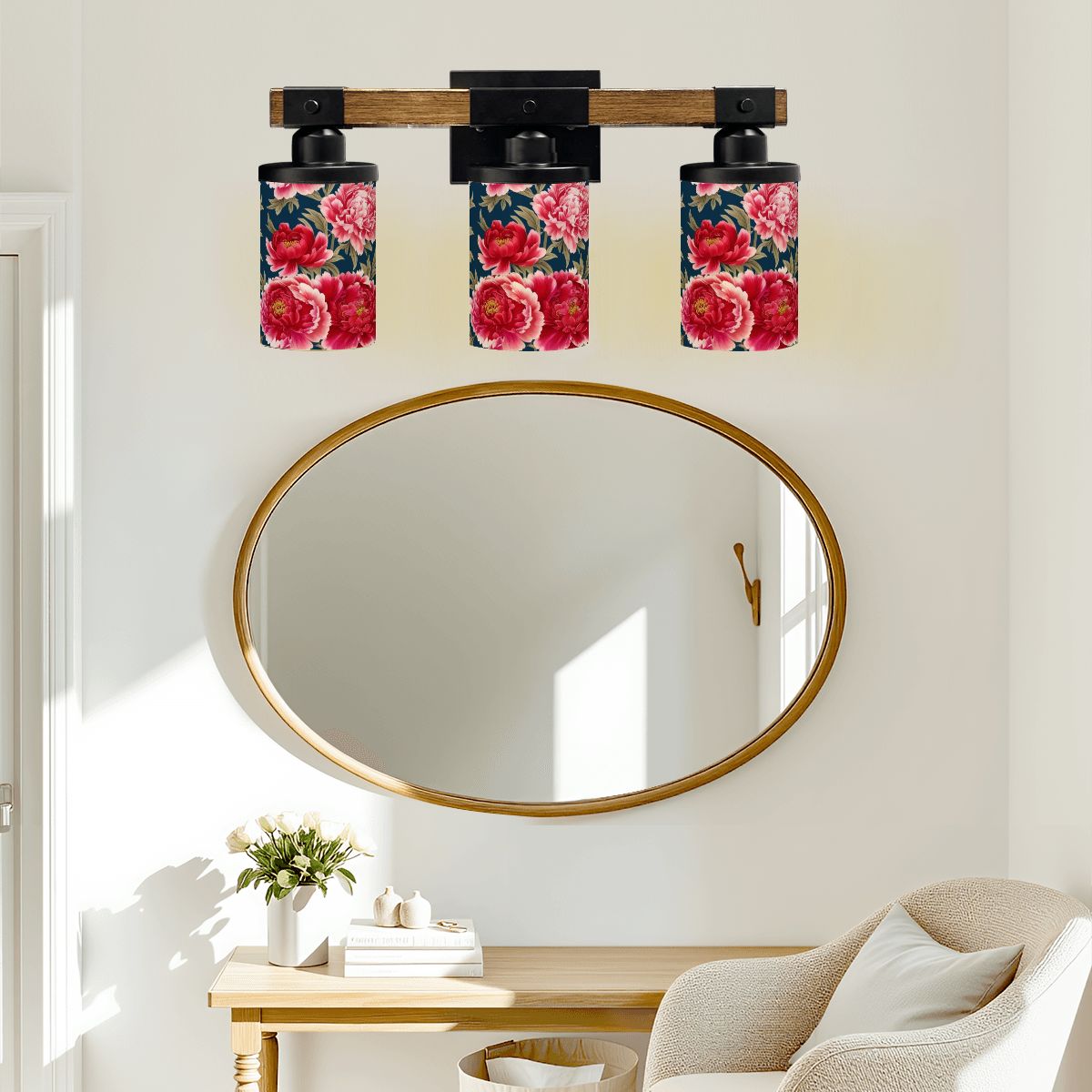 Chinoserie Blue Rose Floral Asian Inspired Vanity Light Fixture - Mid Century Modern Gal