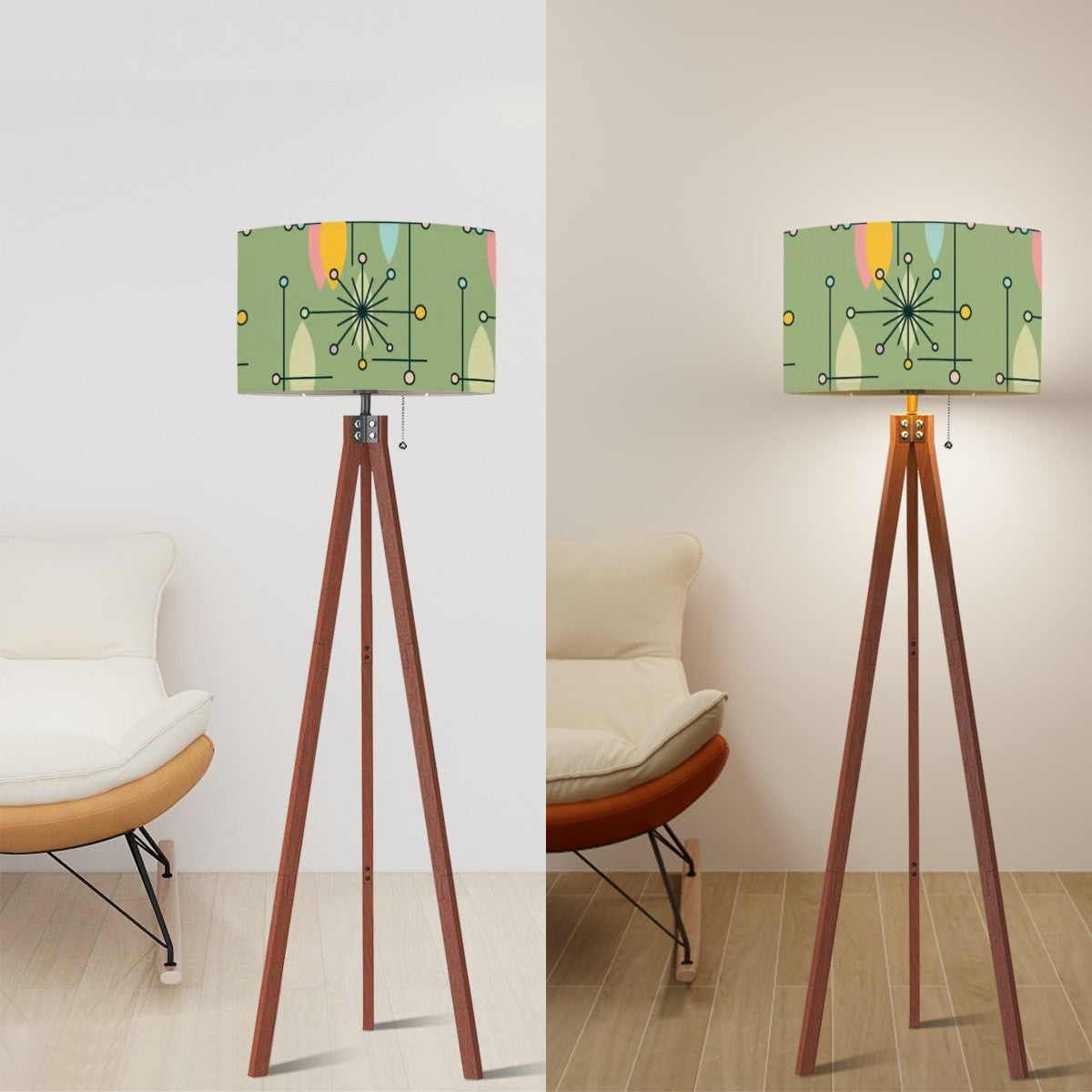 Mid Century Modern Tripod Floor Lamp Green Linen Shade Atomic Starburst Pattern (Made in USA) - Mid Century Modern Gal