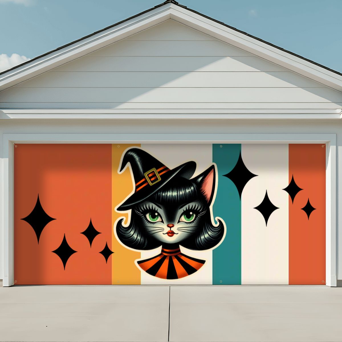 Kitschy Atomic Sexton Cat Halloween, Fall Party Backdrop, Garage Door Banner Backdrop - Mid Century Modern Gal