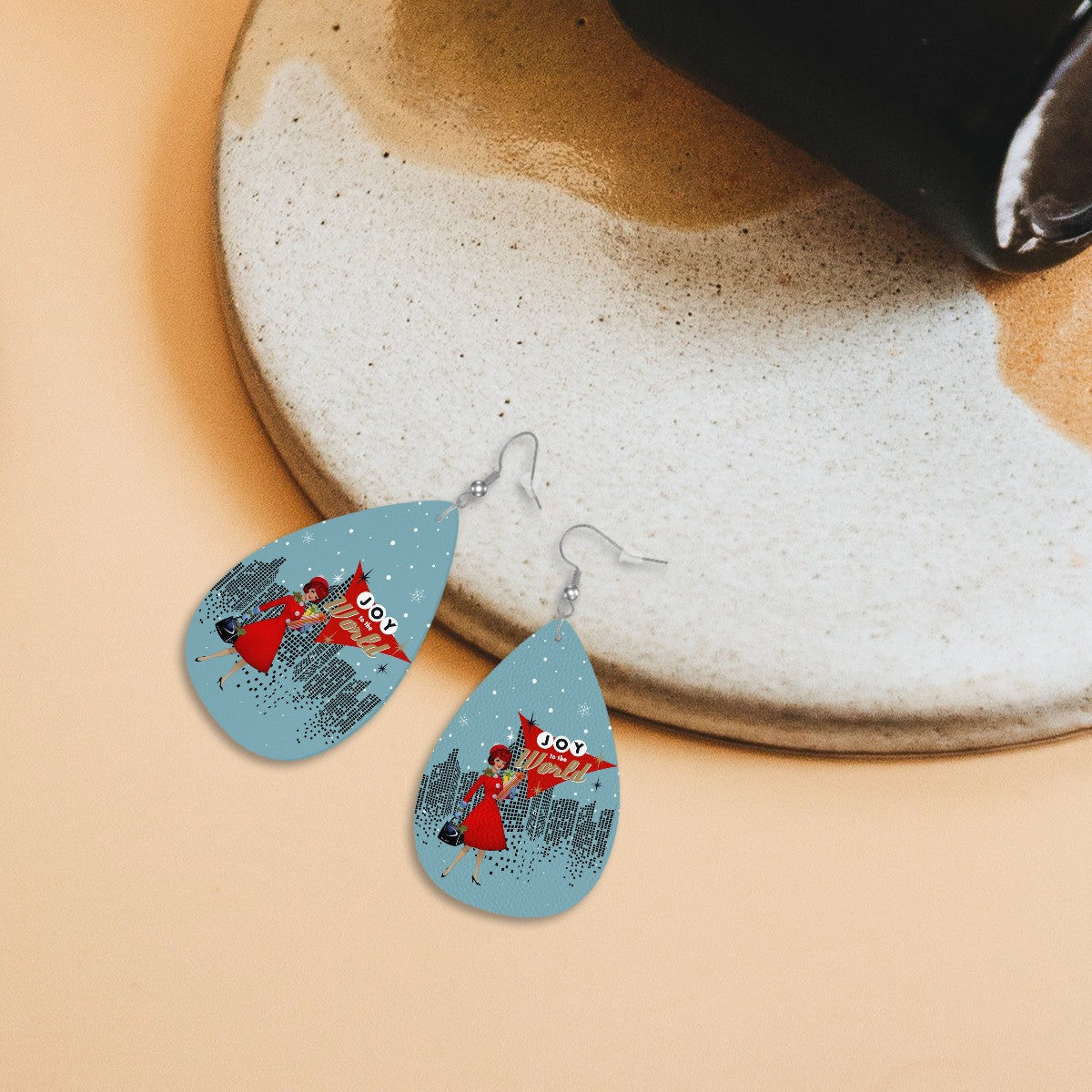 Mid Century Modern Christmas City Mod Gal Joy To The World Faux Leather Teardrop Earrings - Mid Century Modern Gal