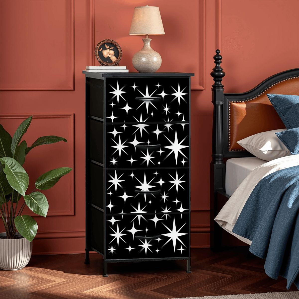 Atomic Starburst Black White Mid Century Modern 4-Drawer Dresser - Mid Century Modern Gal