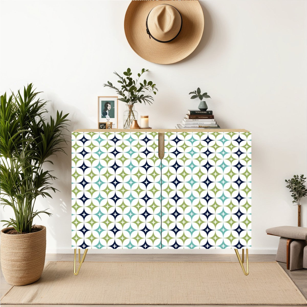 Scandinavian Designed Blue, Green Aqua Diamond Design Mod Wooden Storage Cabinet - Mid Century Modern Gal
