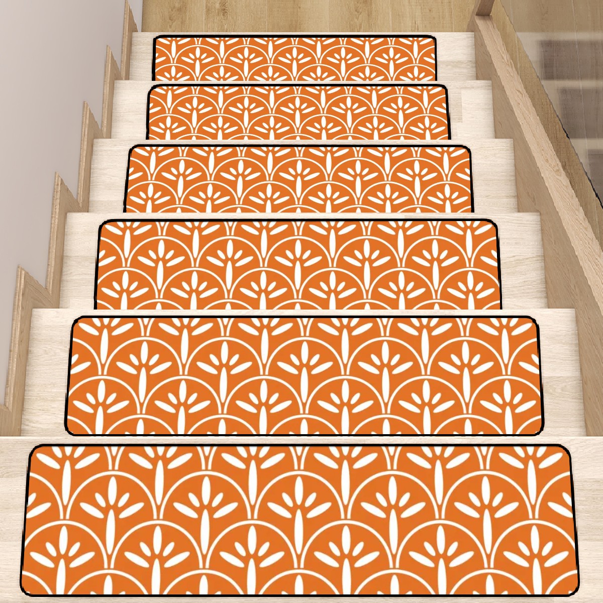 Art Deco Stair Tread Carpets | Tangerine And White Mid Century Modern Style Non Slip Carpet for Stairs Treads - Mid Century Modern Gal