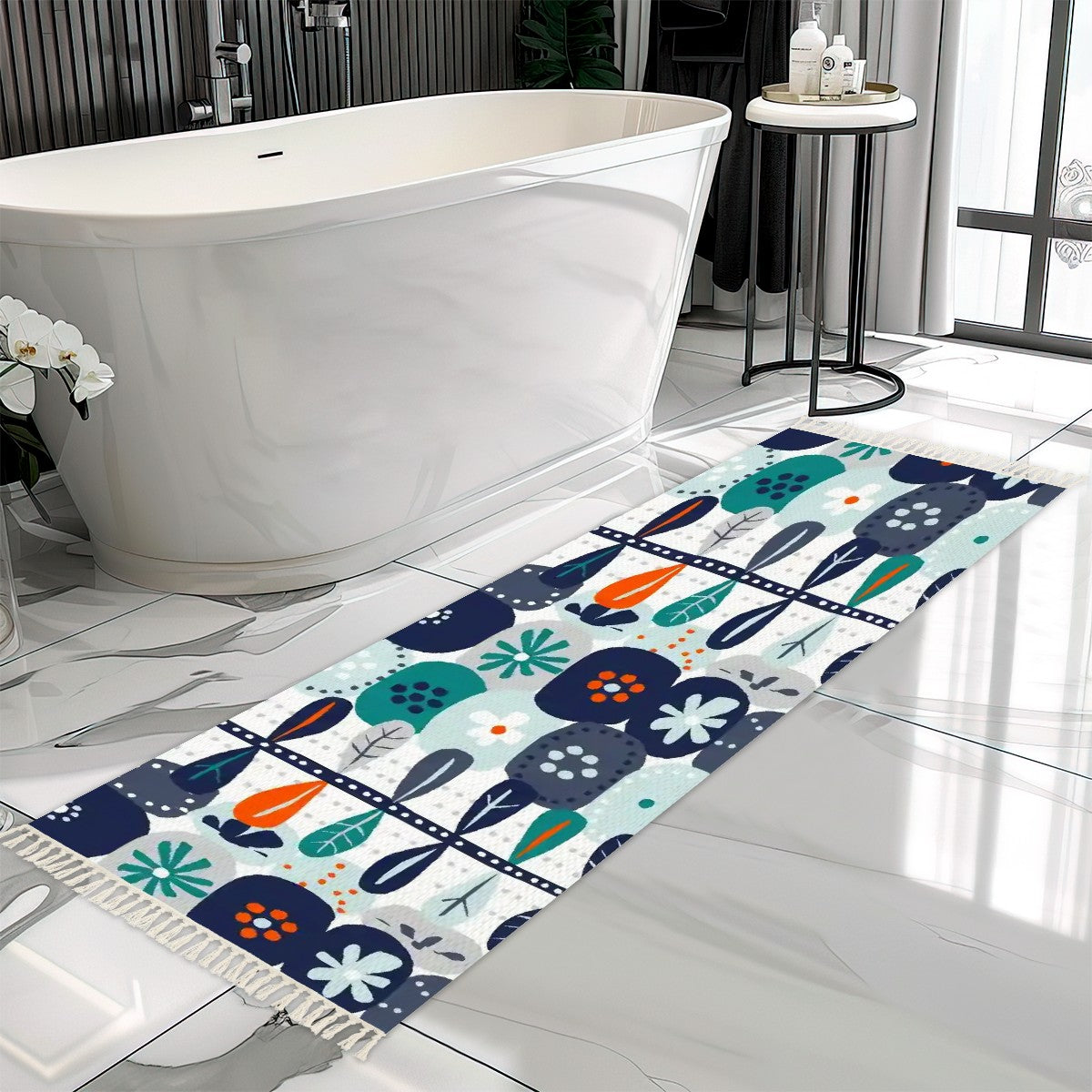 Modern Scandinavian Floral Danish Boho Style, Blue, Orange Teal Floral Runner Rug with Tassels - Mid Century Modern Gal